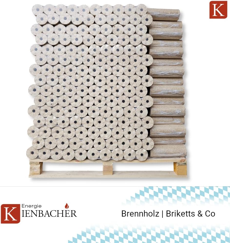 Nestro Holzbriketts mit Zugloch 1000kg Palette Hartholz Brenn Kamin Ofen Heiz Holz Gluthalter Eiche & Buche 100x10kg PE-Bags Nestro Brikett Rund | Energie Kienbacher (EINE TONNE PALETTE 1000KG)