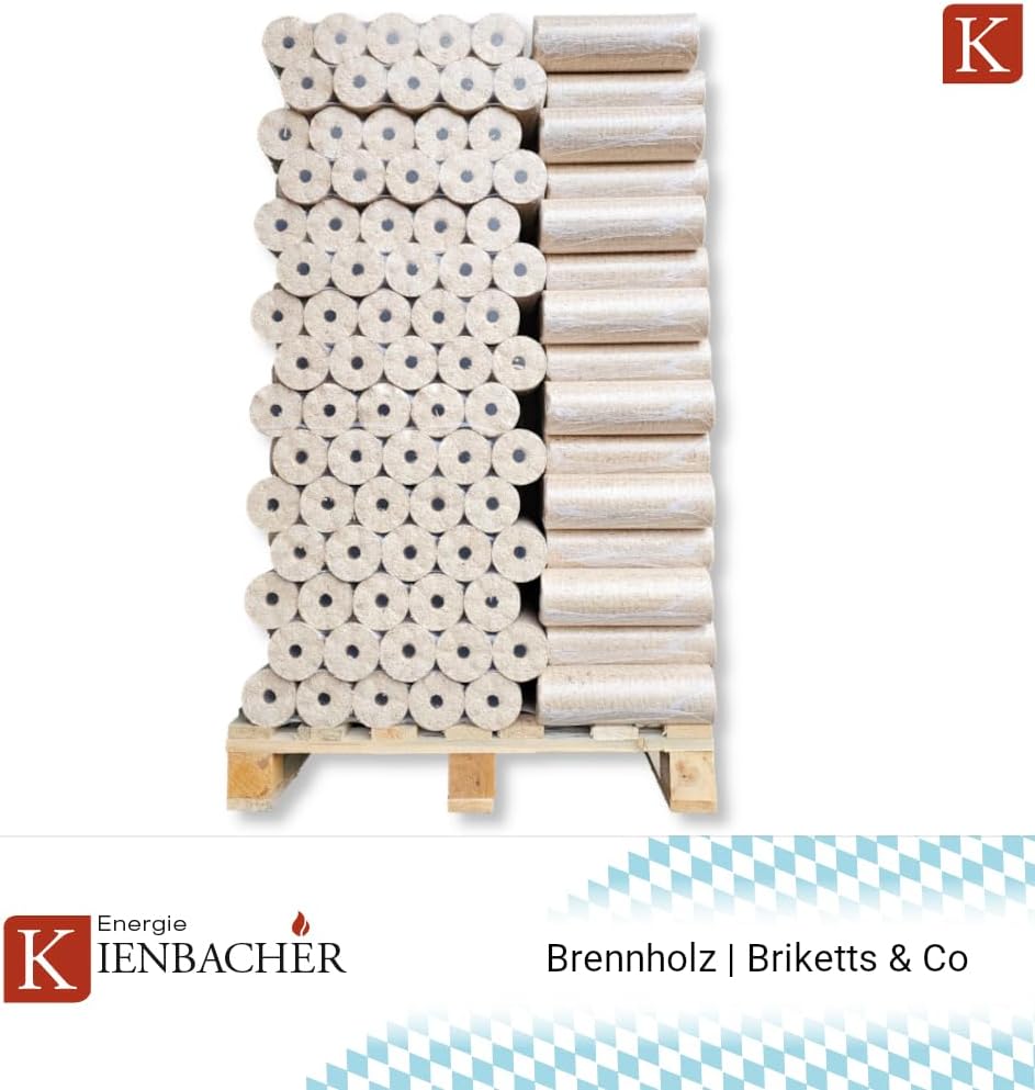 Nestro Holzbriketts mit Zugloch 1000kg Palette Hartholz Brenn Kamin Ofen Heiz Holz Gluthalter Eiche & Buche 100x10kg PE-Bags Nestro Brikett Rund | Energie Kienbacher (EINE TONNE PALETTE 1000KG)