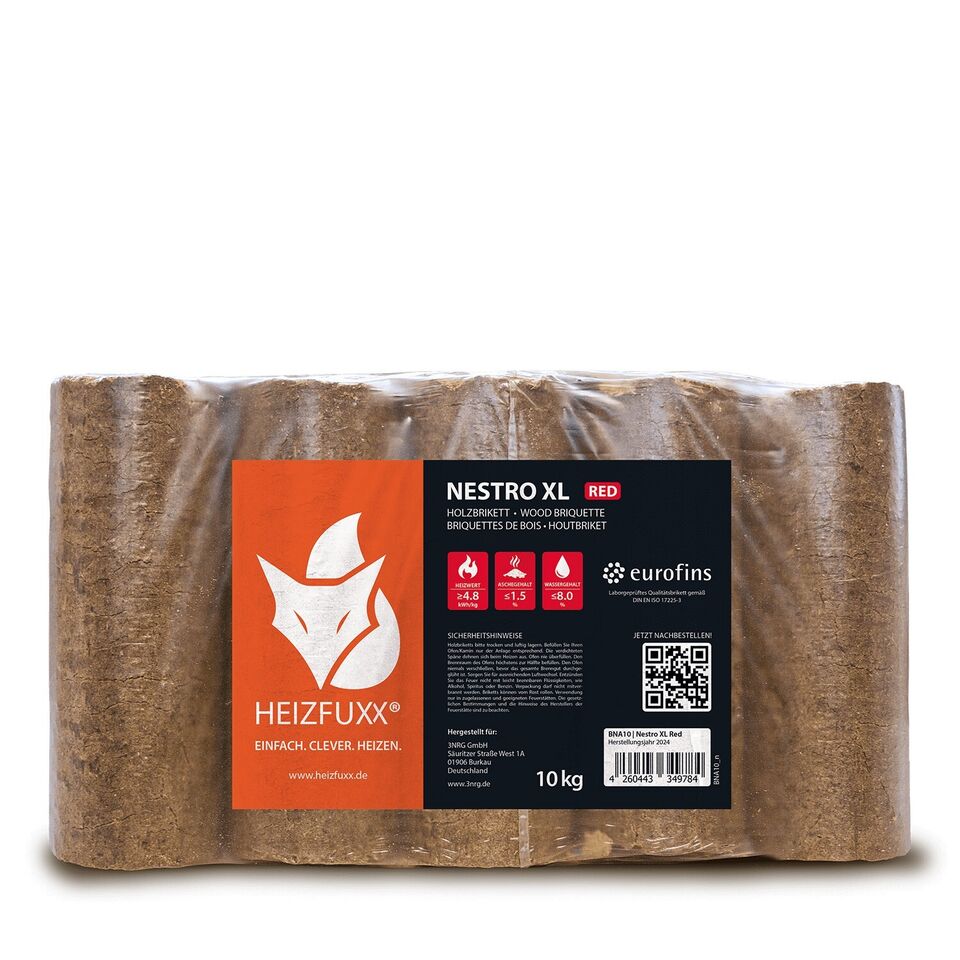 Holzbriketts Nestro Hartholz Kaminbrikett Rund Kaminholz 10kg x 100 (EINE TONNE PALETTE 1000KG)